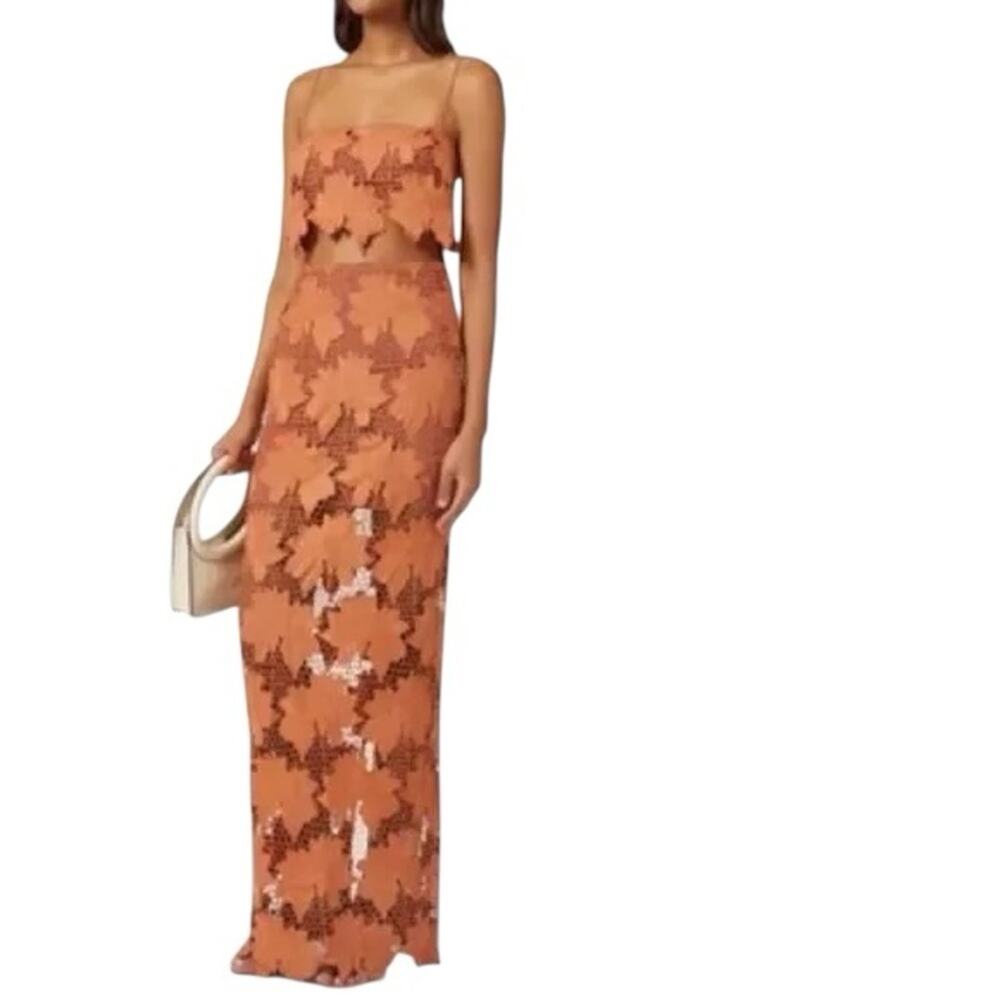 NWT Rumer Revolve Tropez Orange Rust Lace Beach  Maxi Skirt and Crop Top Size XS